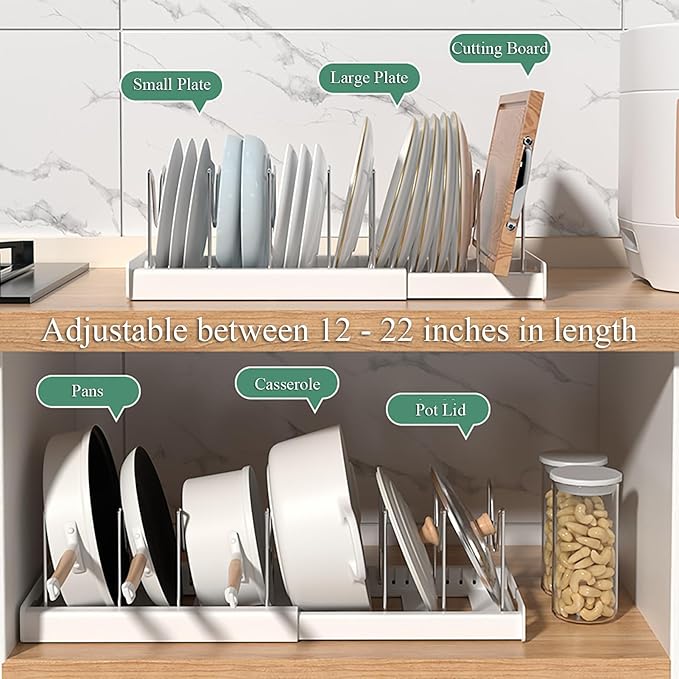 Pots and Pans Organizer Under Cabinet Pot Rack: Expandable Pot Lid Holder with 7 Adjustable Dividers for Kitchen Storage Cutting Boards, Bakeware, Lid, Black