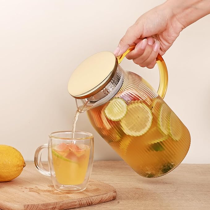Ribbed Glass Pitcher With Lid and Spout, Glass Water Jugs With Handle, Water Carafe for Hot and Cold Beverage, Brew, Iced Tea, lemonade, Juice, Coffee, Milk, 1.4 Liter 47 Ounce, Borosilicate