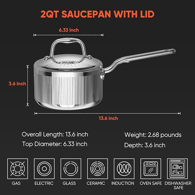 2 Quart Stainless Steel Sauce Pan with Lid, 5-Ply SaucePan Even Heating with Stay-Cool Handle, Professional Cookware for Induction, All Stoves, Oven and Dishwasher Safe