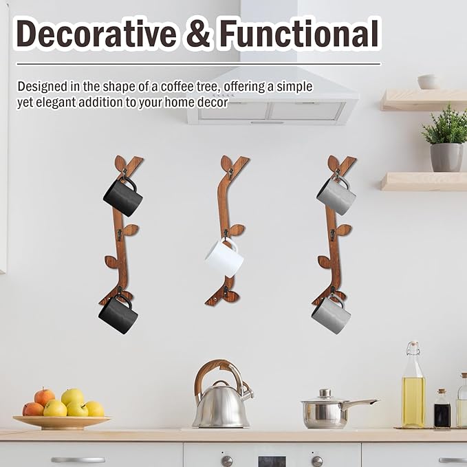 3 Pack Wood Coffee Mug Wall Rack with 9 Hooks Wall Mount Coffee Cup Holder Wooden Espresso Cup Holder Tree Brown Mug Stand Display Wall Mounted Cup Drying Rack for Kitchen Cafe