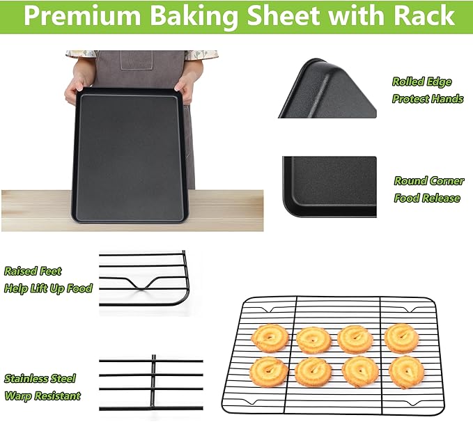 E-far Nonstick Baking Sheet with Rack Set, 12.5 x 9.5 x 1 Inch Cookie Sheet Baking Pan with Cooling Rack for Oven, Commercial Grade & Non-Toxic, Easy to Clean