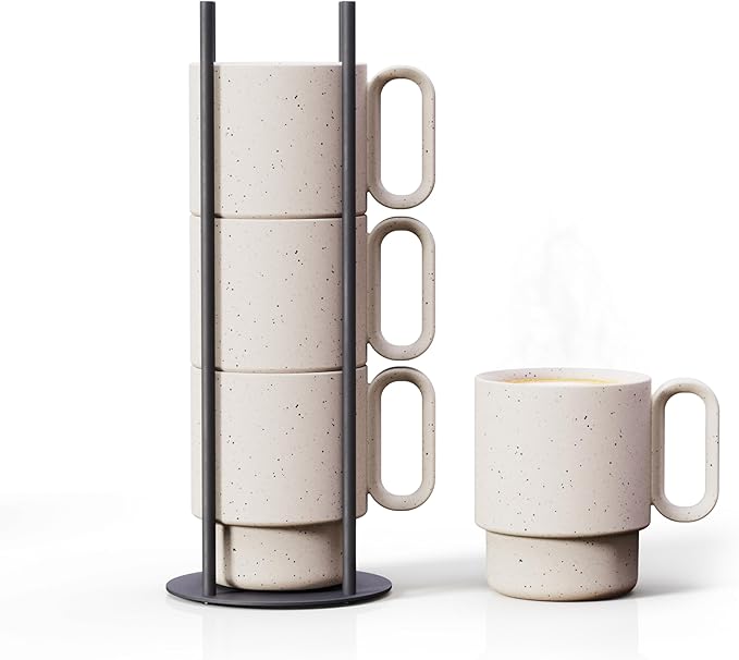 Stackable Coffee Mug Set with Black Stand - 4x8oz Ceramic Mugs with Unique Sprinkled Optics - Powder Coated Metal Rack - Dishwasher-Safe - Microwave & Oven - Scandinavian Minimal Design