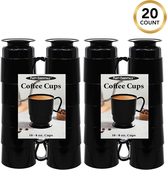 Party Essentials 8-Ounce Hard Plastic Coffee Cup/Tea Mug with Handle, 20-Count, Deluxe Black