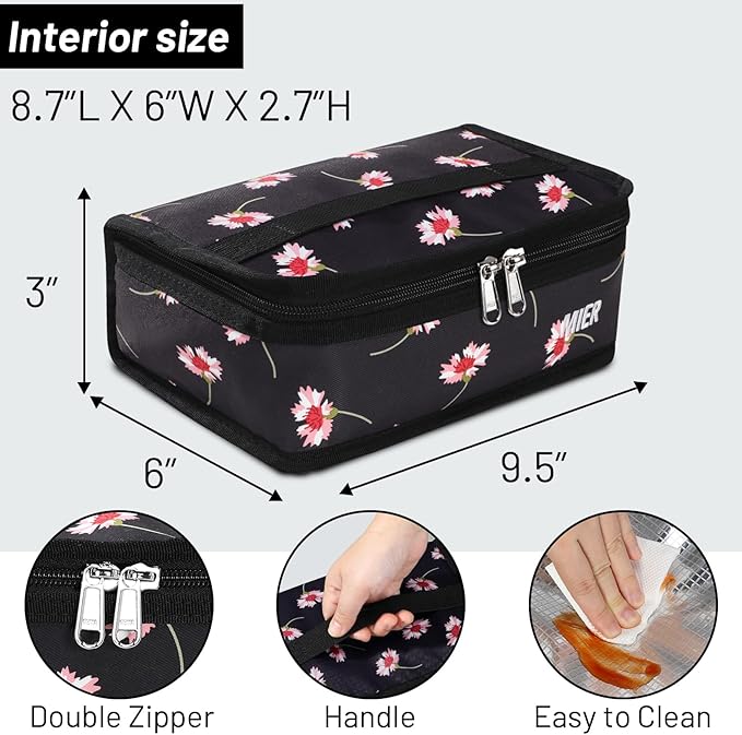 MIER Small Lunch Bag for Kids & Adults Compact Insulated Lunch Box Portable Thermal Mini Cooler for Work School Travel (Black Floral)