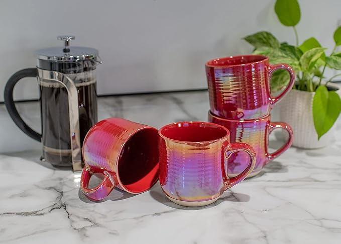 Elanze Designs Glossy Reactive Glaze Large 17 Fluid Ounce Everyday Kitchen Food Grade Ceramic Stoneware Coffee Mug Cup with Comfort Curved Handles, Set of 4, Red