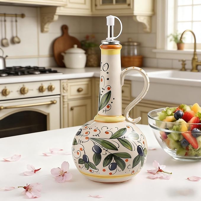 Ceramic Olive Oil Dispenser Bottle 23oz, Hand Painted Olive Oil Bottles, Decorative Stoneware Olive Oil Cruet for Kitchen with Stainless Steel Spout for Oils, Sauces, Vinegar