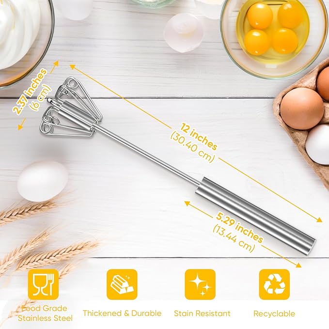 OOKUU Stainless Steel Egg Whisk, Semi Automatic Whisk Blender - Versatile Tool for Blending, Whisking, Beating & Stirring (12in)