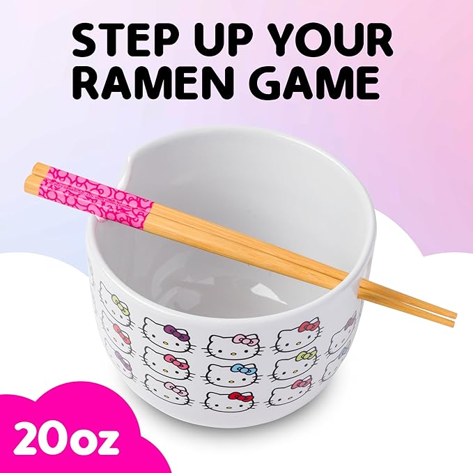 Silver Buffalo Sanrio Hello Kitty Face with Different Color Bows Pattern Ceramic Ramen Noodle Rice Bowl with Chopsticks, Microwave Safe, 20 Ounces