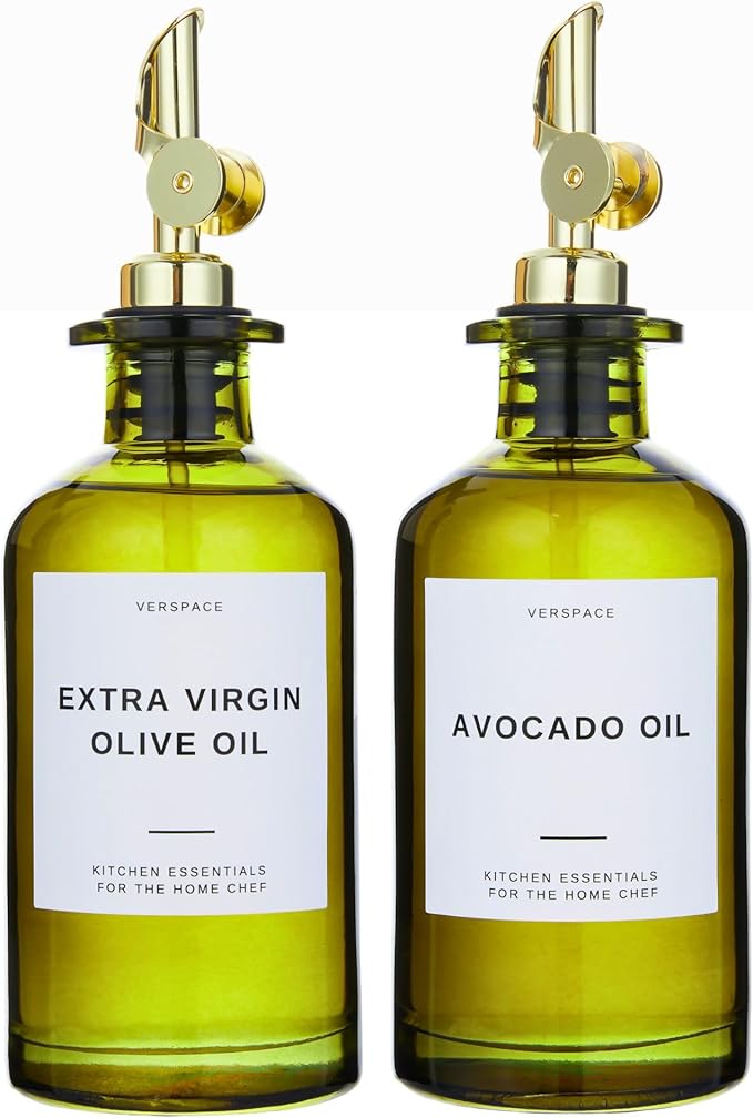 UV-Protected Green Glass Olive Oil Dispenser Bottles For Kitchen - Includes 40 Kitchen Essential Labels, Avocado Oil Dispenser Set, Modern Decor for Home, Airbnb, Cafe Set of 2