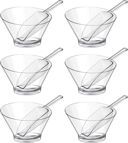 Sawysine 12 Pcs Plastic Clear Serving Bowls with Kitchen Plastic Scoops Salad Serving Bowls Popcorn Scoops Angled Candy Container for Salad Cooking Parties, 210 ml