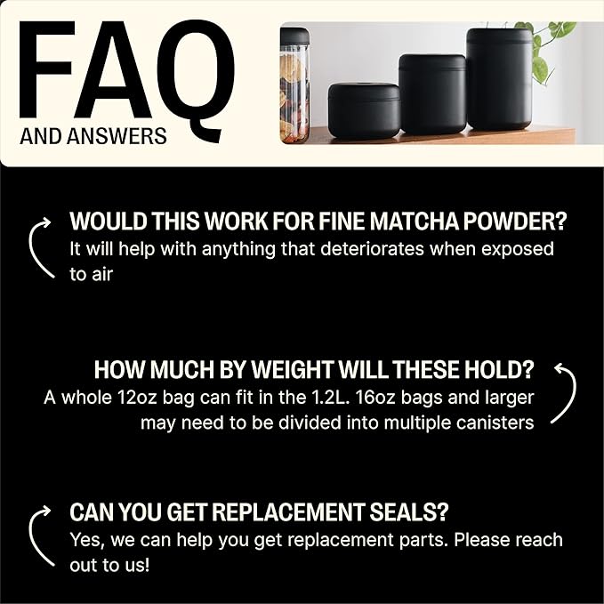 Fellow Atmos Vacuum Coffee Canister – Stainless Steel Airtight Food Storage Container for Ground Coffee, Beans, Espresso, Tea & Spices, BPA-Free Vacuum Seal Lid – 0.4 Liter (Holds 6 oz) Matte Black