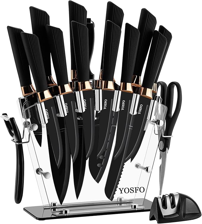 Kitchen Knife Set with Block, Knives Set with Acrylic Stand, 17Pcs Stainless Steel Cutlery Knife Block Set includes Serrated Steak Knives Set, Chef Santoku Knives, Scissor, Sharpener and Holder