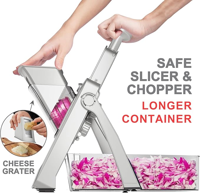 SupMaKin Upgrade Safe Mandoline Slicer,Multi Vegetable Chopper,Potato Slicer, Onion Chopper with Drain Basket Storage Container, Cheese Grater Kitchen Chopping Artifact (SliverGray)