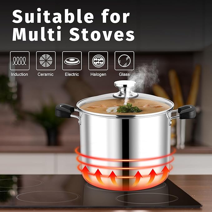 12 Quart 3-Ply Cooking Stock Pot with Lid, P&P CHEF Stainless Steel Large Pot for Pasta Soup, Work on Multi Stove, Heavy Duty & Dishwasher Safe, Dual Heat-resistant Handles & Transparent Glass Lid
