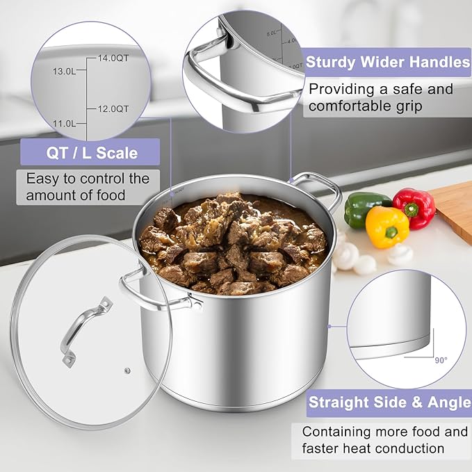 TeamFar Stainless Steel Stock Pot, 14QT Tri-ply Bottom Stockpot Large Cooking Soup Pot with Lid, for Induction Gas Electric Glass Tops, Non Toxic & Sturdy, Straight Sidewall & Various Stovetops Safe
