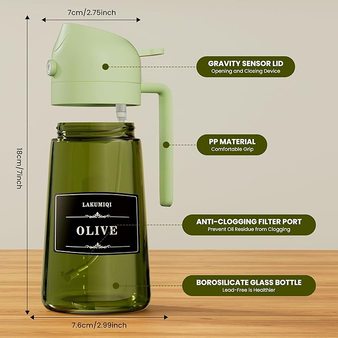 2 in 1 Oil Sprayer for Cooking, 16oz Olive Oil Dispenser Bottle for Kitchen, Food Grade Light-Blocking Leak Proof Glass Spray Bottle for Salad, Air Fryer, BBQ