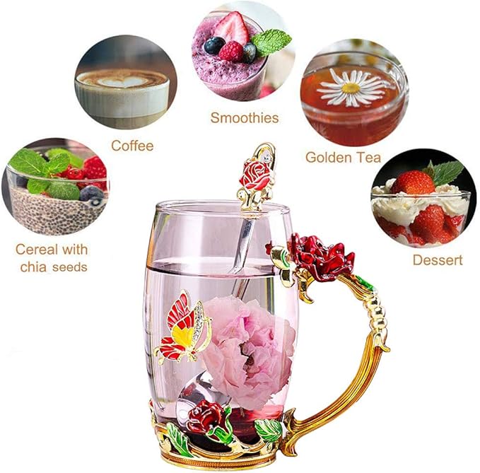 Birthday Gifts For Women,Enamel Butterfly Flower Glass Tea Cup Rose Red Coffee Mug,Cute Gifts For Mom Grandma Women Wife Female Friend on Mothers day Anniversary Christmas Valentines