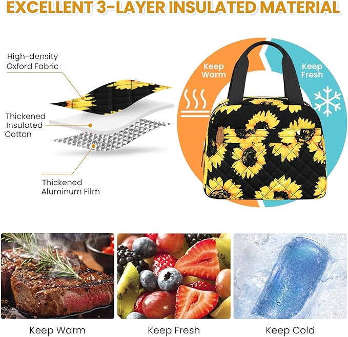 Insulated Lunch Bag for Women, Portable Lightweight Lunch Box for Adults, Reusable Small Lunch Tote Cooler Bags with Front Zipper Pocket for Work School Picnic(Sunflower)