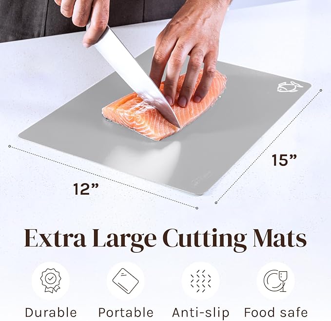Cooler Kitchen Extra Thick Flexible Cutting Mat Set With Food Icons & EZ-Grip Back (Set Of 4 Mats) - Flexible Cutting Boards for Kitchen - Flexible Plastic Cutting Board Set (Black and White)...