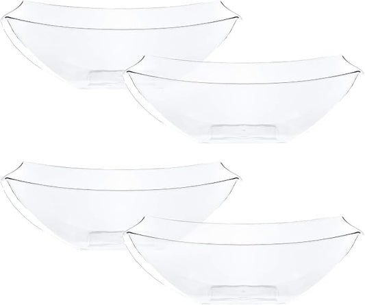 PLASTICPRO Disposable 32 ounce Square Serving Bowls, Party Snack or Salad Bowl, Medium, Plastic Crystal Clear Pack of 4