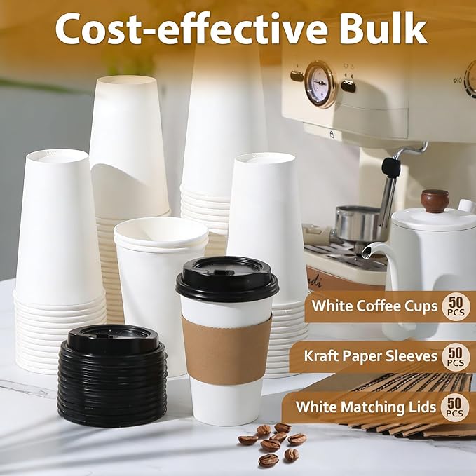 100 Pack 16 oz Disposable Paper Coffee Cups with Lids and Sleeves, Sturdy Thick Paper Cups with Lids(White)