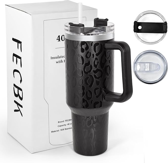 40 oz Tumbler with Handle and Straw, 100% Leak-Proof Travel Mug, Stainless Steel Double Wall Vacuum Insulated Coffee Cup Keeps Cold For 34 Hours, Full Black Leopard