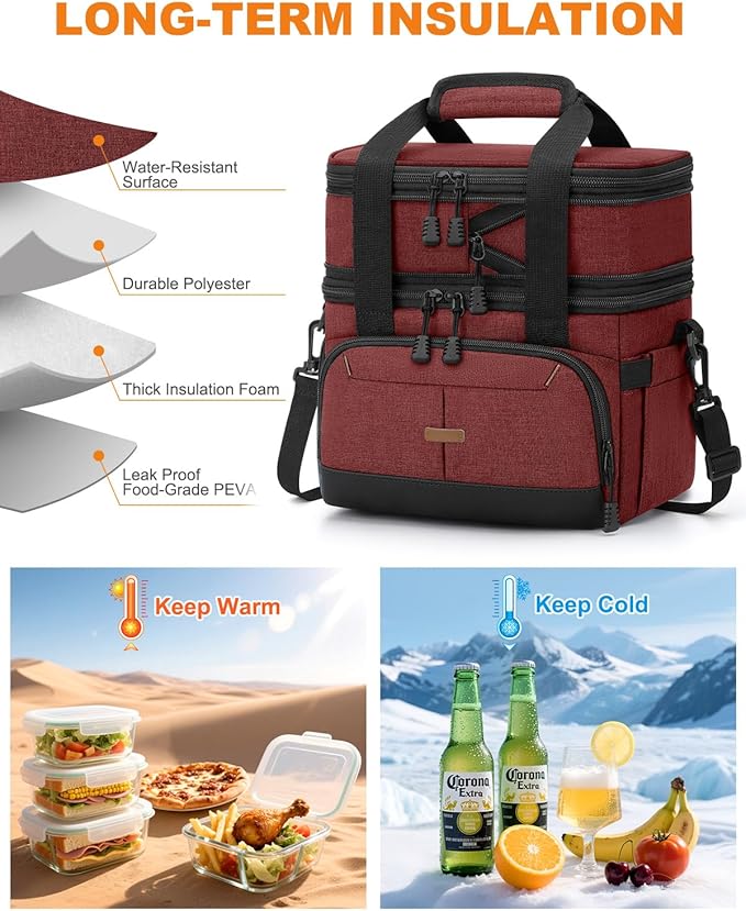 Lunch Box For Men Women Double Deck Insulated Lunch Bag For Men Woman Leakproof Expandable Cooler Bag with Adjustable Shoulder Strap for Work Picnic Camping(Wine Red,Large)