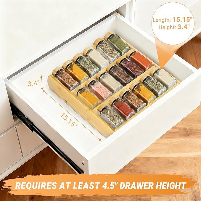 Bamboo Spice Rack Organizer, 3 Tier Spice Shelf Stand for Kitchen Countertop, Wood Folding Spice Rack for Cabinet
