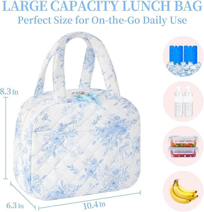 Quilted Lunch Box for Women,Coquette Aesthetic Lunch Box for Teen Girls,Cute Blue Floral Lunch Bags for Work, School,Office,Picnic,Travel (Big Blue Floral)