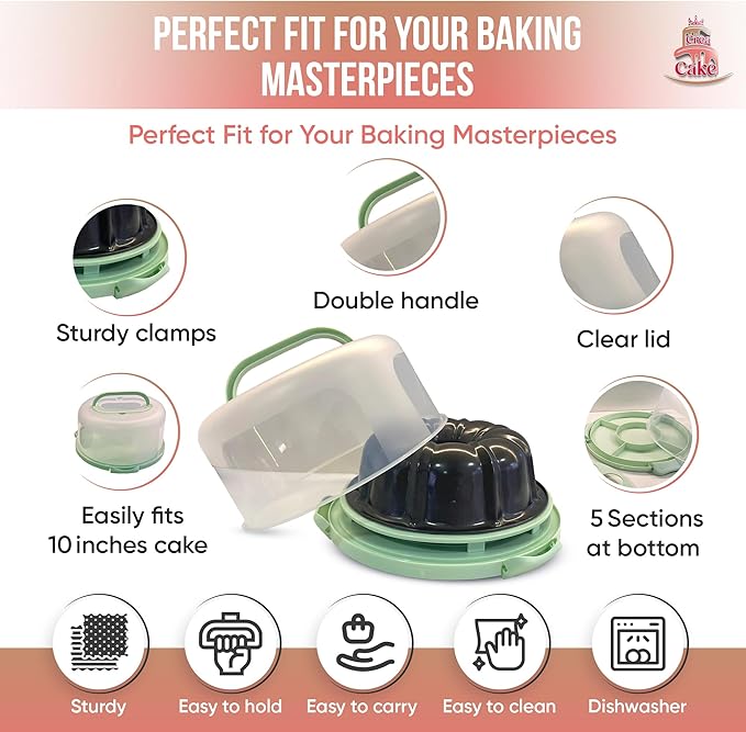 10 inch Buntz Cake Pan Non stick with 12in Cake Carrier for Easy Transportation - Premium Fluted Cake Pans For Oven, Cake Mold, Moldes para Gelatinas
