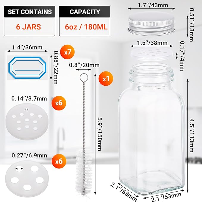 Segarty 6oz Spices Jars with Silver Aluminum Lid, 6PCS 180ml Square Spice Containers, Empty Glass Seasoning Organizer for Sugar Herb Storage, Large Salt and Pepper Bottles with 7 Stickers and 1 Brush