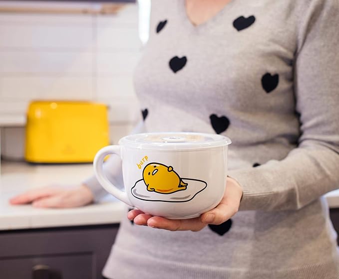 Silver Buffalo Sanrio Gudetama Burp Late Night Snack Lazy Egg Ceramic Soup Mug with Vented Plastic Lid, 24 Ounces