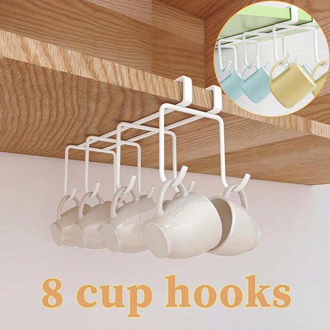 Mug Holder Under Cabinet,2pcs Coffee Mug Organizer for Kitchen,Fit for 0.8 Inch Thickness Shelf or Less,Nail Free Adhesive Coffee Cups Holder Hanger for Cups/Kitchen Utensils/Keys Storage (White)