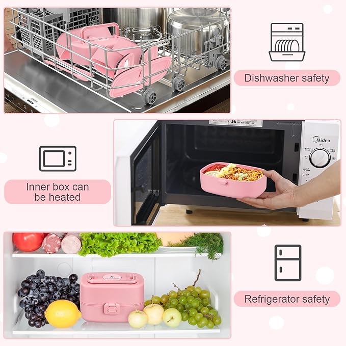 Bento Lunch Box with 8oz Soup Thermo, Kids Sustainable Bento Box Leakproof Lunch Food Containers with Lunch Bag, Kids Thermo Insulated Hot Food Jar for School, Trvael (Pink)