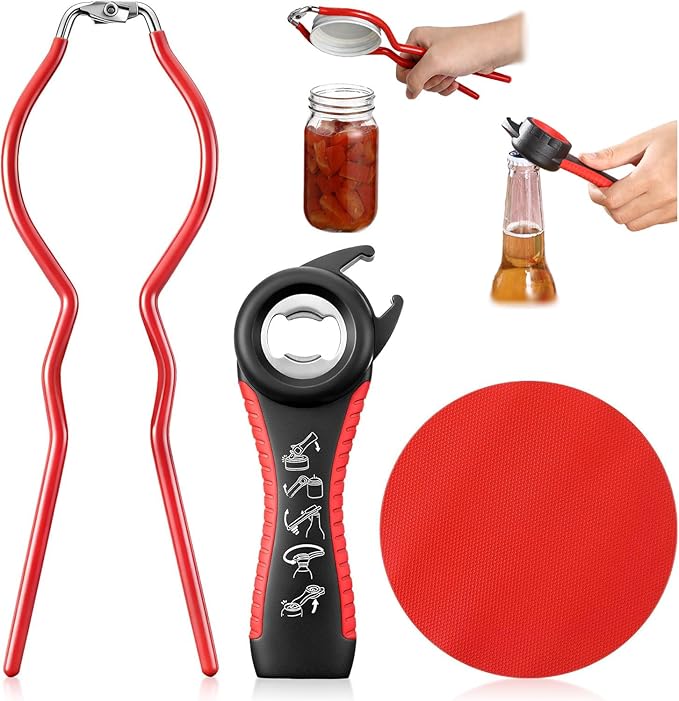 Enhon Jar Opener for Weak Hands, with Bottle Opener and Rubber Grippers Pad, Stainless Steel Jar Lid Opening for Seniors with Arthritis, Suitable for Most Sizes, Kitchen Gifts for Mother, Women