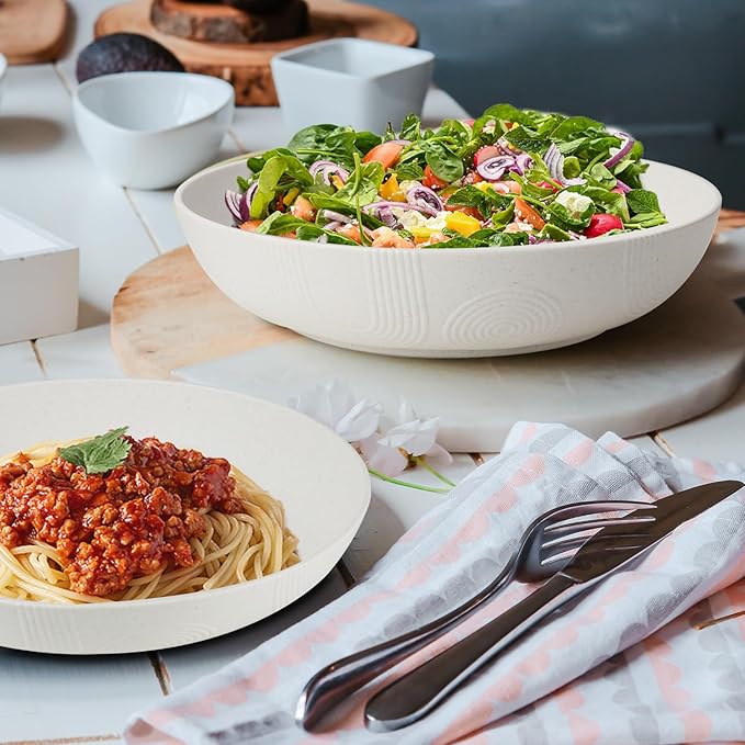 Wrova 10inch Wheat Straw Salad Bowls Set of 6 - Unbreakable Large Serving Bowls Microwave & Dishwasher Safe for restaurant - Big Plastic Bowls for Cereal,Salad - White Series