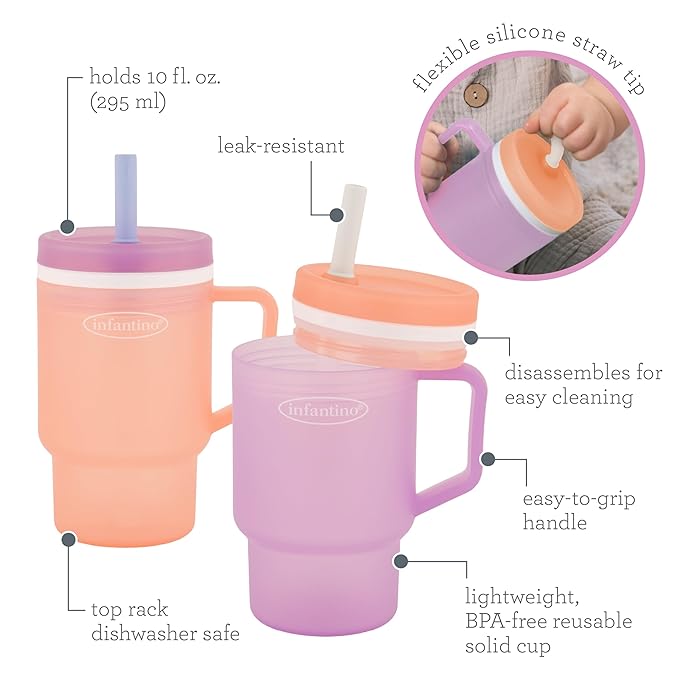 Infantino My 1st Tumbler, Durable Plastic Sippy Cup with Silicone Leak-Resistant Straw & Handle, for On-the-Go, BPA-Free Transition Cup, Seashell & Lavender, 2-Pack