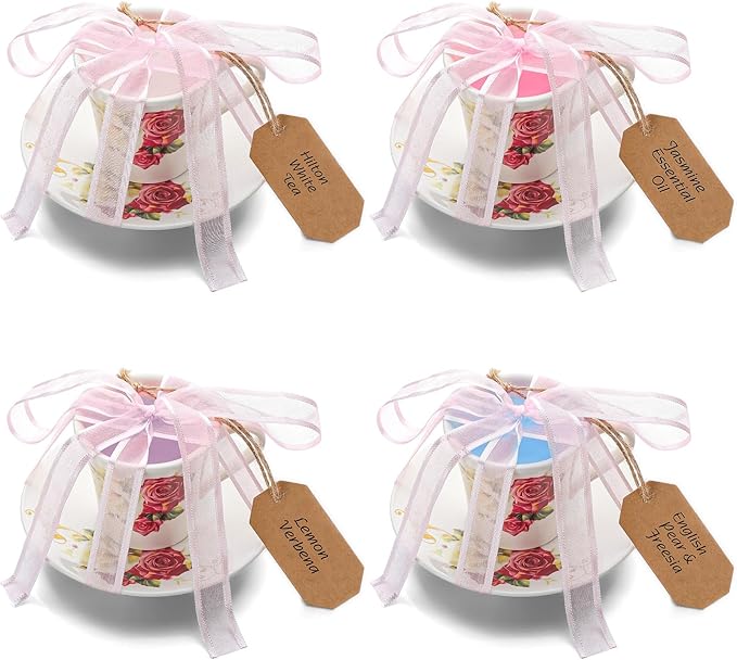 Nuanchu 4 Set Mini Vintage Tea Cup Candle Floral Cups with Saucer Tea Party Candles Gifts Oils Aromatherapy for Meditation Relief Mood Bridal Wedding Birthday Gift(Vintage)