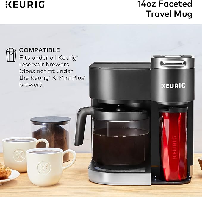 Keurig Coffee Travel Mug, Fits Under Any Keurig K-Cup Pod Coffee Maker, 14 oz, Red