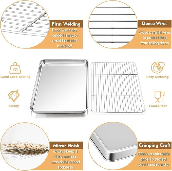 P&P CHEF 12.5 Inch Baking Oven Sheet Pan with Rack & Mat for Cookie, Stainless Steel Oven Sheet Tray Cooling Rack and Silicone Mat for Baking & Roasting, Dishwasher Safe & Healthy, 3Pcs