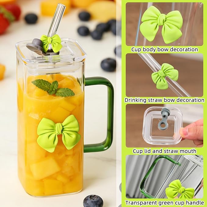 13Oz Square Glass Cups with Lids and Straws，Heat Resistant Glass Tumbler with Handle Bow Knot Transparent Drinking Glasses for Water,Juice,Iced Coffee,Milk,Tea (green)