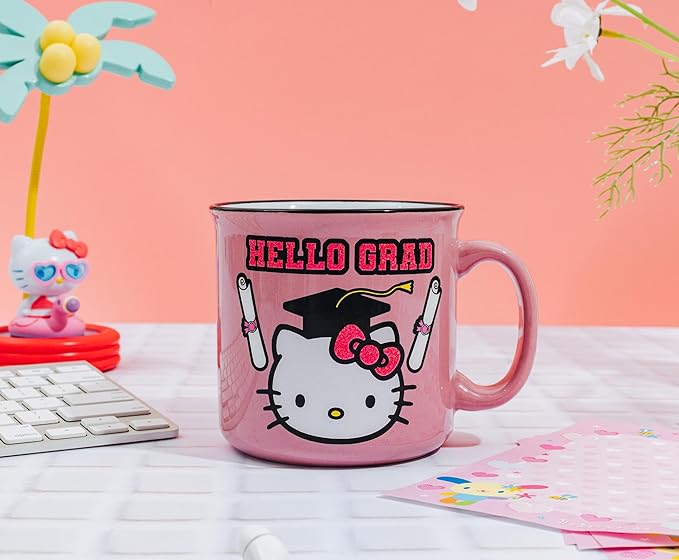 Silver Buffalo Sanrio Hello Kitty "Hello Grad" Graduation Glitter Ceramic Camper Mug, 20 Ounces