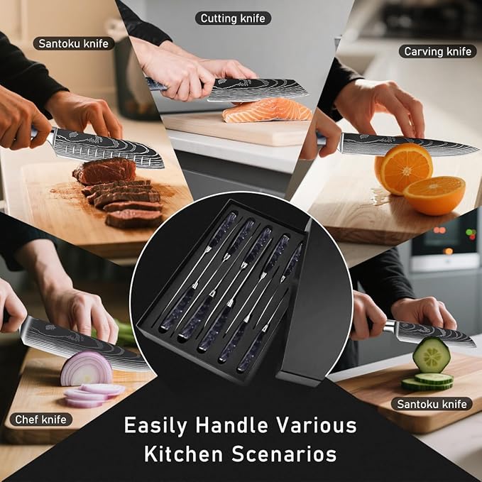 10-Piece Premium Japanese Kitchen Knife Set - Imperial Collection, Laser Damascus Pattern, 440A Stainless Steel Ultra Sharp for Fast Cutting