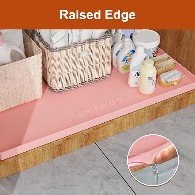 Extra Thick Silicone Mat Waterproof with Raised Edge 34" x 22", Under Sink Mat for Kitchen & Bathroom, Kitchen Cabinet Liner, Multi-Purpose for Storage & Protection, Pink