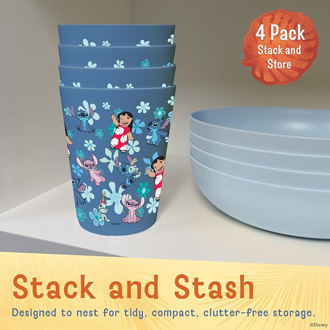 Disney Reusable Plastic Cups – 4 Pack 16 oz Plastic Drinking Glasses with Mickey, Stitch, Pooh, or Disney100 Designs – BPA-Free, Stackable, Top Rack Dishwasher Safe Tumblers for Water, Juice & More