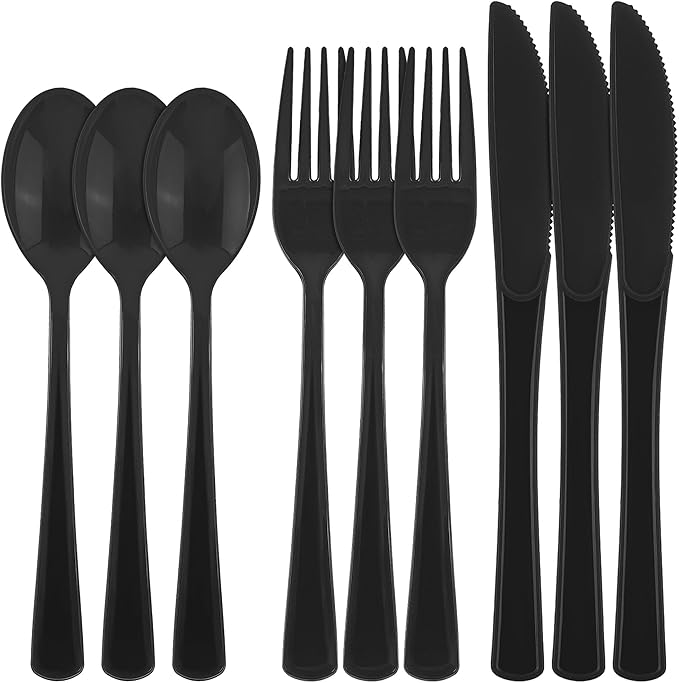 Kochorie 300 Pieces Graduation Black Plastic Silverware Heavy Duty Plastic Cutlery Set Heavyweight Disposable Utensils Includes Spoons Forks Knifes for Birthday Party Prom Night Wedding Dinner
