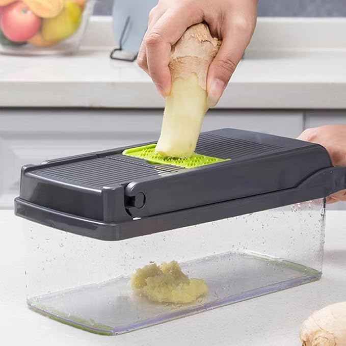 HHTAOR 16-in-1 Multifunctional Vegetable Chopper, Professional Food Veggie Chopper with 6 Blades & Container, Mandoline Slicer Onion Dicer Potato Tomato Cutter, Kitchen Gadgets Essentials (Grey)