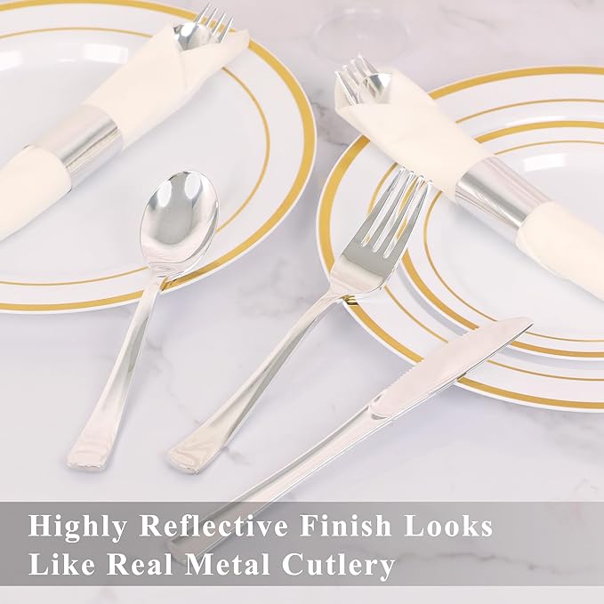 60 Pack Pre Rolled Silver Plastic Silverware Set,Wrapped Plastic Cutlery Set with Napkin Include 60 Forks,60 Spoons,60 Knives and 60 White Napkins for Party, Wedding,Birthday,Christmas