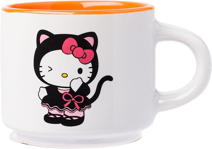 Silver Buffalo Sanrio Hello Kitty Halloween Themed 4 pack Ceramic Espresso Set with Storage Rack, 3 Ounces