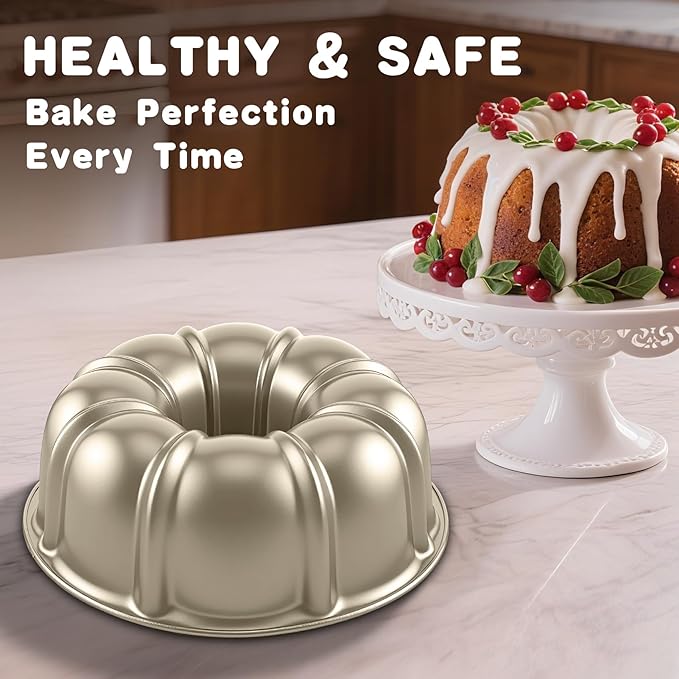 10 Inch Cake Pan, Nonstick Round Fluted Tube Cake Baking Pan, Buntz Pound Cake Mold,Tube Bakeware,Baking Mold for Jello/Gelatin/Chocoflan, Non Toxic, Easy Clean - Gold